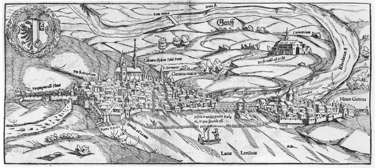 Utsikt over Genève, fra Cosmographie Universelle av Sebastien Munster (1488-1552) Basel, utgitt 1559 av German School