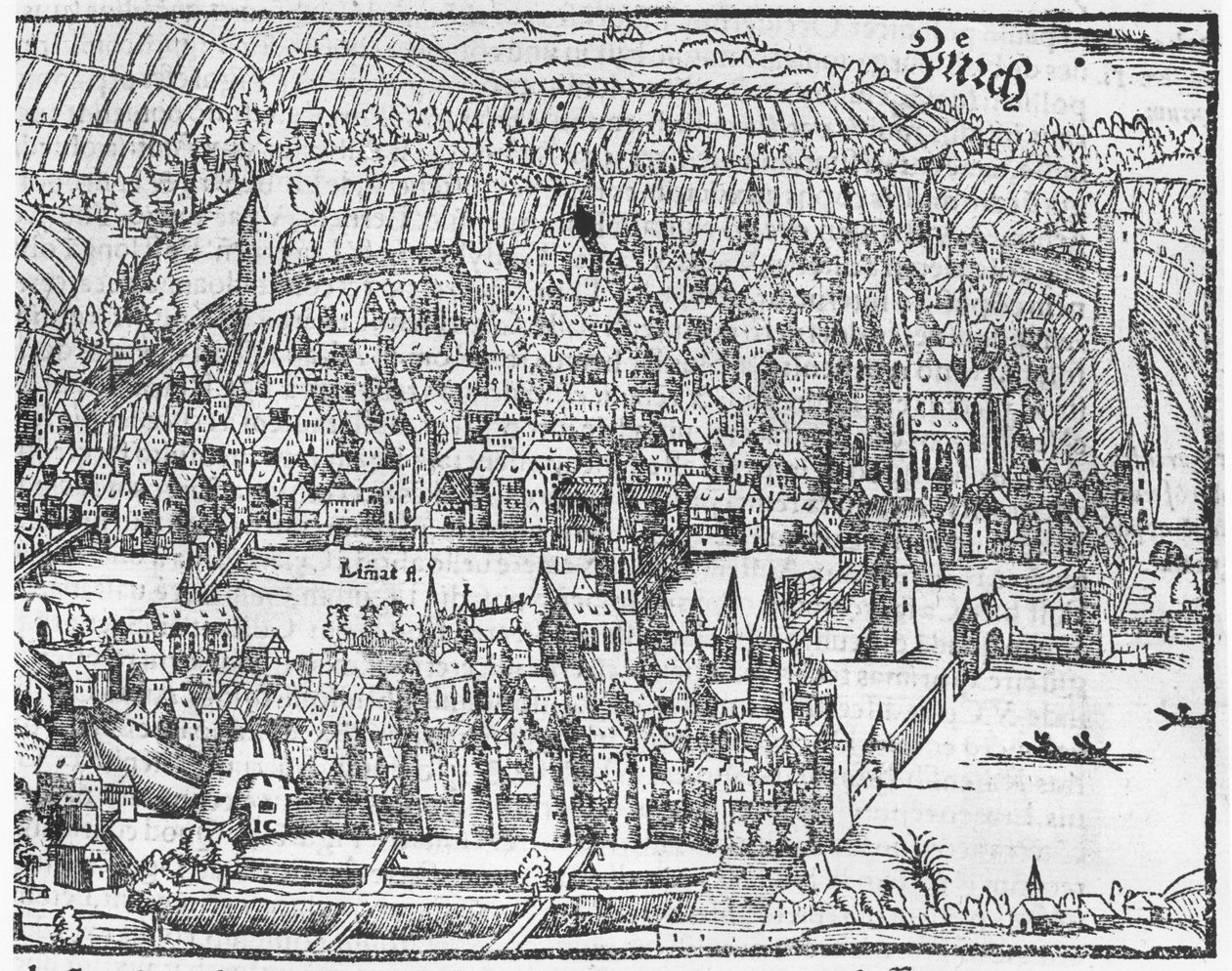 Utsikt over Zürich, fra Cosmographie Universelle av Sebastien Munster (1488-1552) Basel, utgitt 1559 av German School