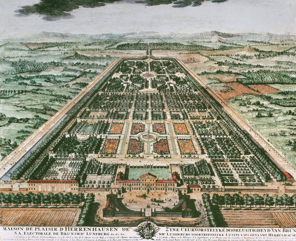 Utsikt over hagen til Herrenhausen slott, ca 1708, fargetrykk, Tyskland av German School