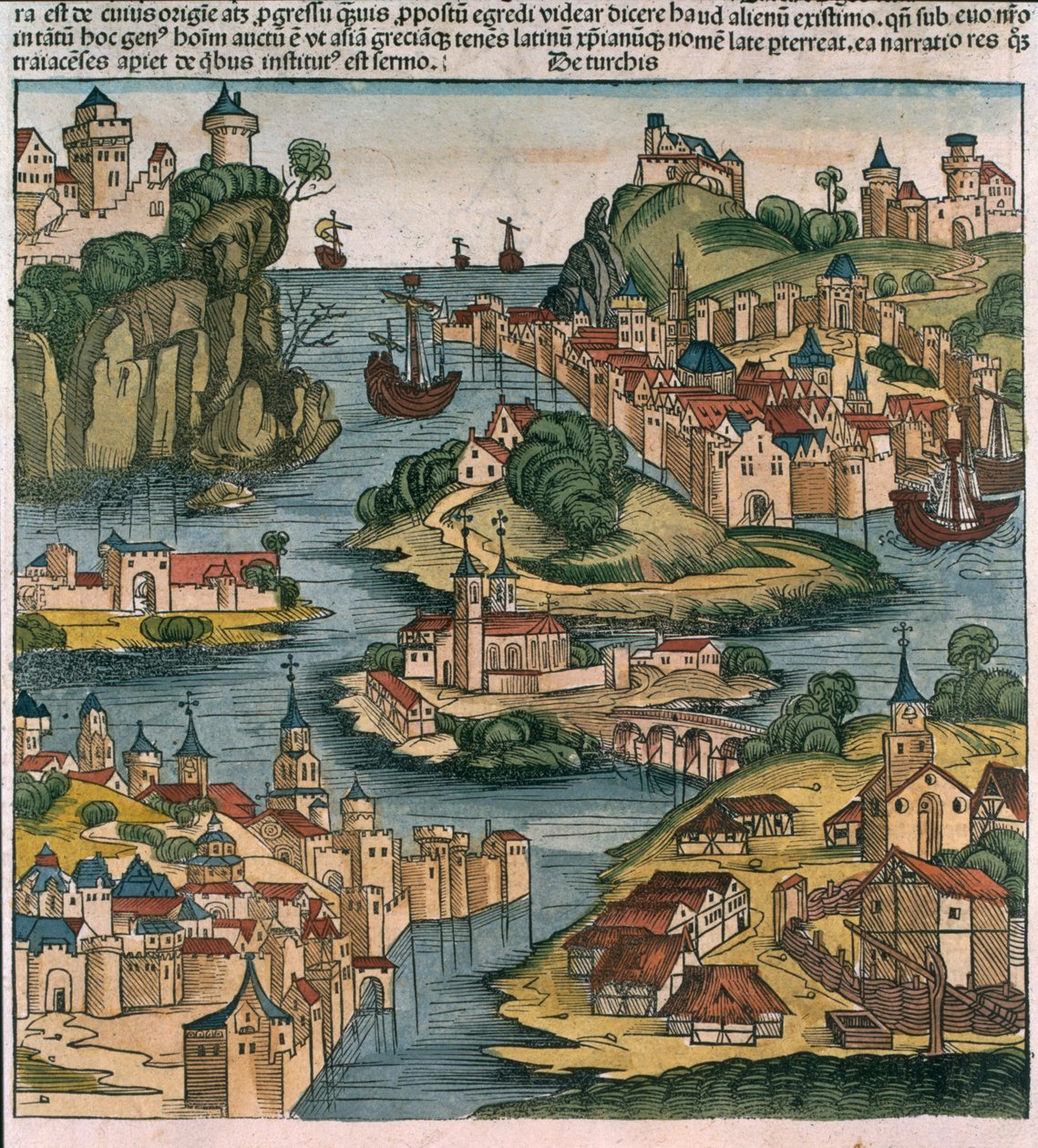 Utsikt over Bosporus som kommer inn fra Svartehavet, fra Nürnberg-krøniken av Hartmann Schedel (1440-1514) 1493 (treblokk) av German School