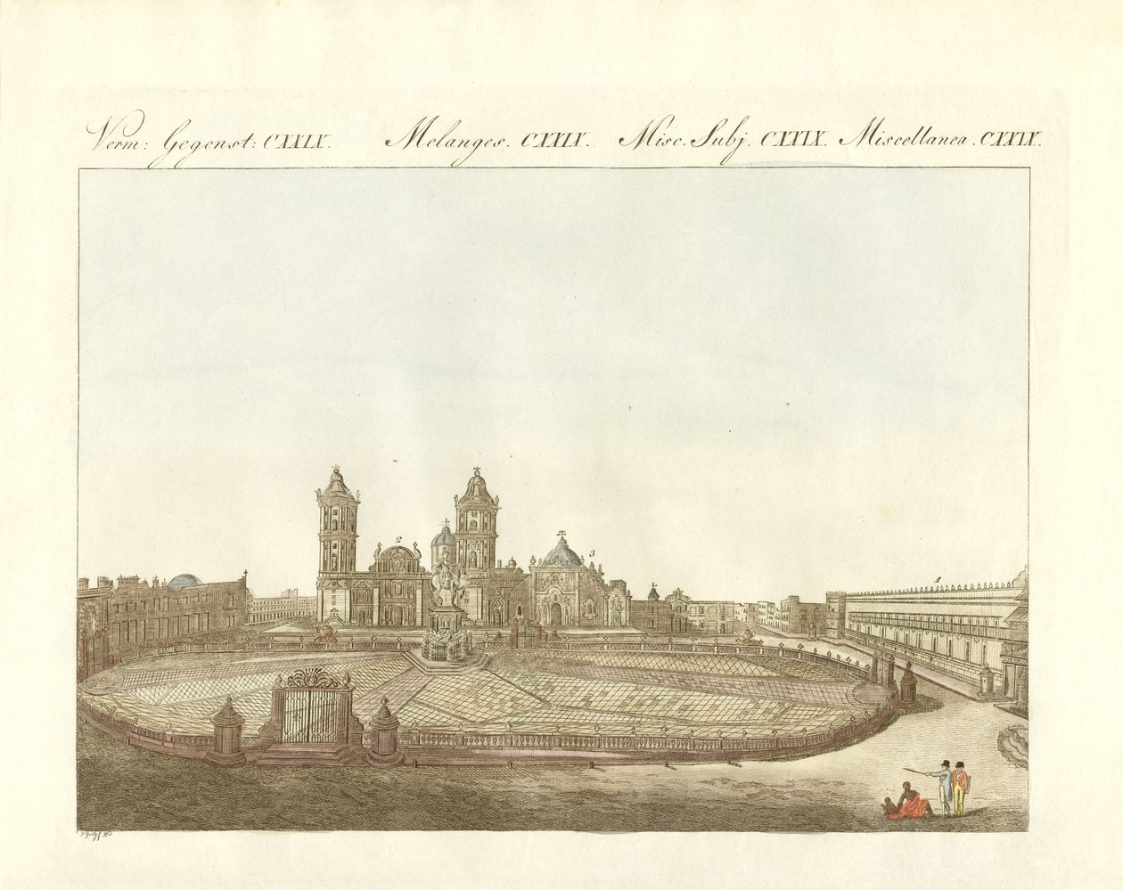 Utsikt over Grand Plaza of Mexico-City i Amerika (farget gravering) av German School