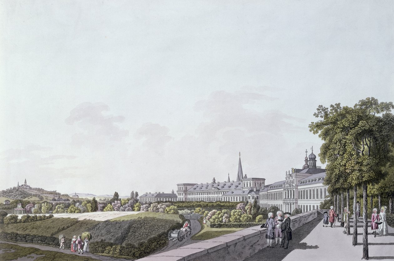 Utsikt over residensen til erkebiskopene og kurfyrstene i Köln, Bonn (fargegravering) av German School