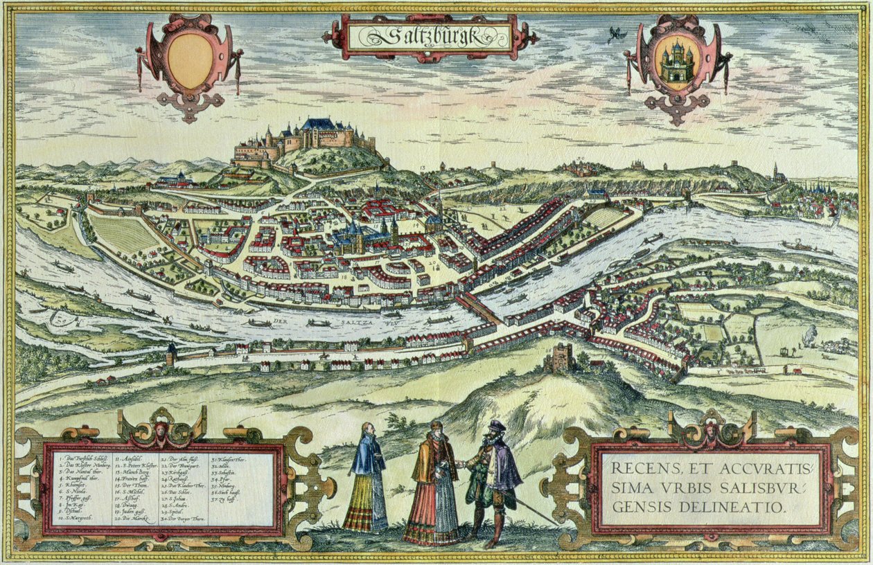 Utsikt over byen Salzburg ved bredden av elven Salzach med Hohensalzburg-slottet i bakgrunnen, fra 