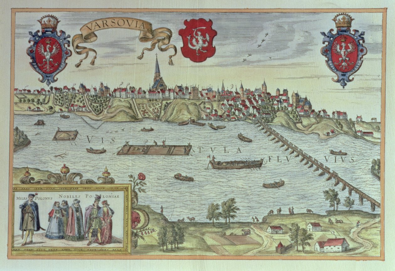 Utsikt over byen Warszawa ved elven Vistula, fra "Gamle europeiske byscener" (gravering) av German School