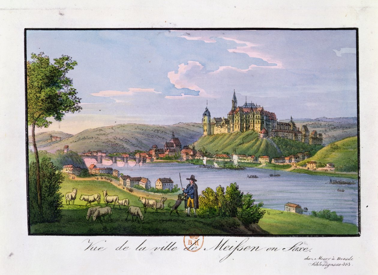 Utsikt over byen Meissen, fødestedet til Christian Samuel Hannemann (1755-1843), (fargegravering) av German School