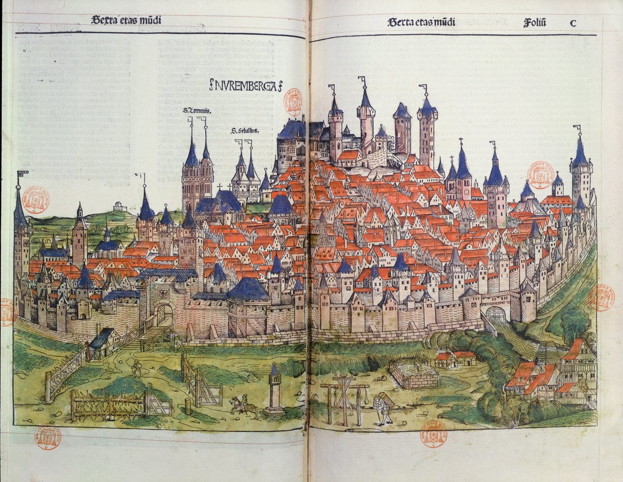 Utsikt over byen Nürnberg, fra Nürnberg-krøniken av Hartmann Schedel (1440-1514) 1493 (fargetresnitt) av German School