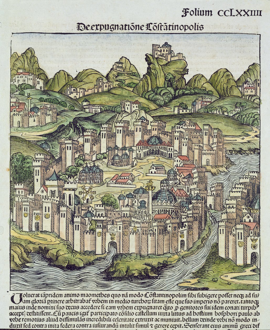 Utsikt over den befestede byen Konstantinopel, fra Nürnberg-krøniken av Hartmann Schedel (1440-1514) 1493 (treblokk) av German School