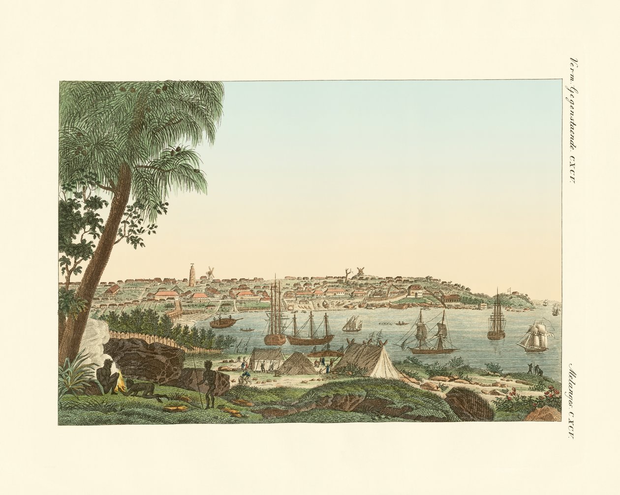 Utsikt over byen Sydney (farget gravering) av German School