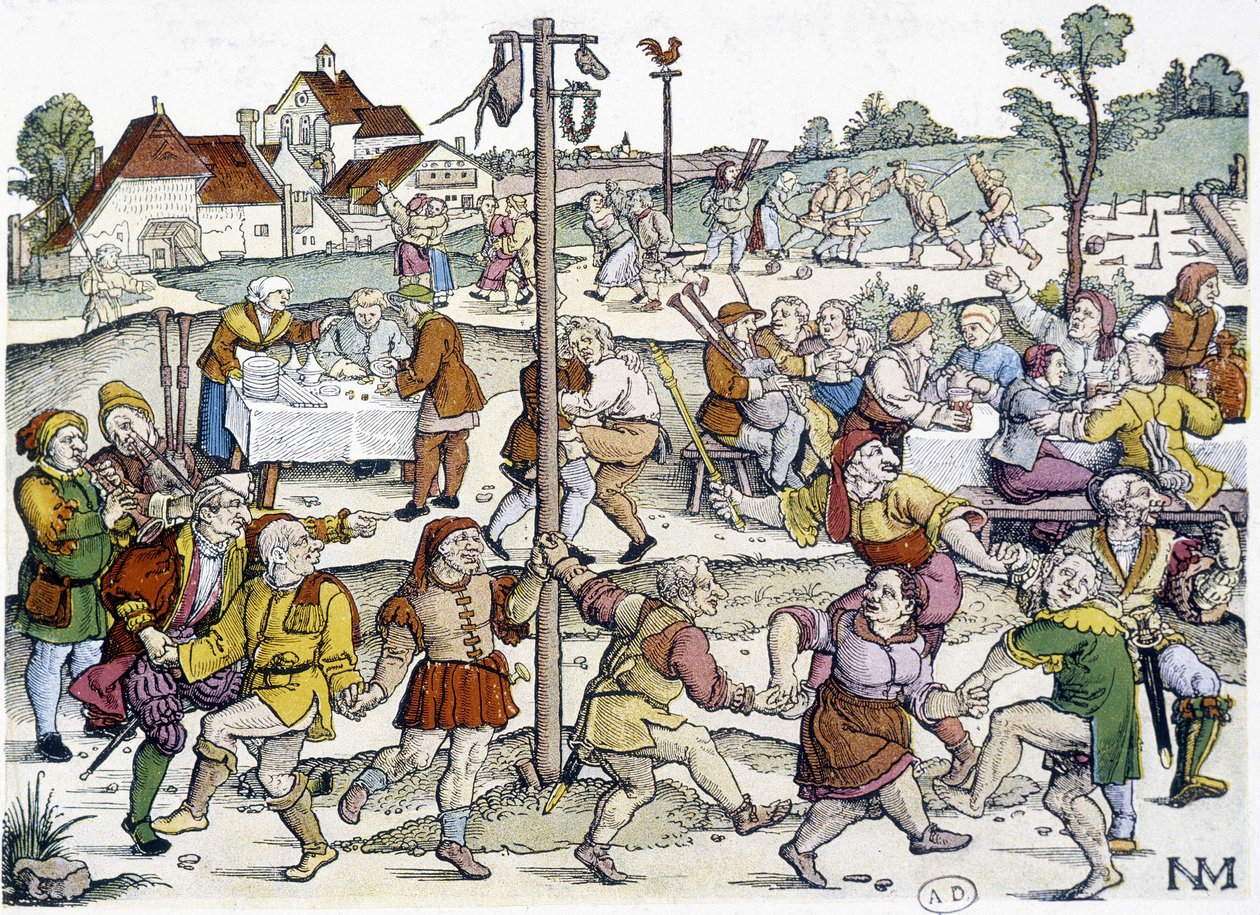 Landsbydans rundt matte de cocagne - tyske bilder fra 1500-tallet fra Nikolaus Meldemann av German School