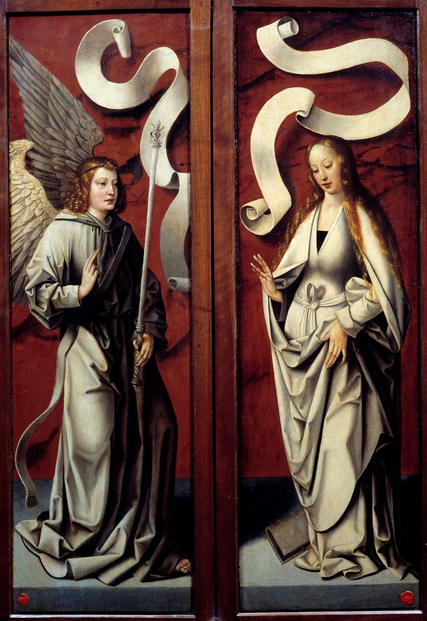 Jomfru Maria og bebudelsens engel Baksiden av de tryptiske delene av tilbedelsen av magiene. Anonymt maleri av den tyske skolen. Egouen fra 1400-tallet, National Renaissance Museum av German School