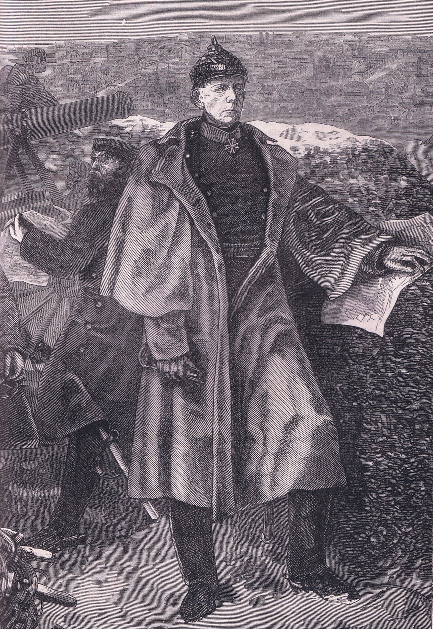 Von Moltke før Paris, Cassells historie om krigen mellom Frankrike og Tyskland utgitt av Cassell and Company Limited, ca. 1890 (litho) av German School