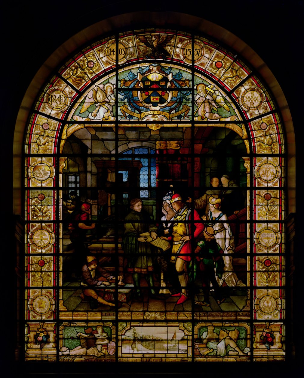 William Caxton viser sin første trykte bok til Edward IV og hans kone, Elizabeth Woodville i 1477, av Mayer og Co., München-basert firma aktiv i London, ca. 1880 (glassmaleri) av German School