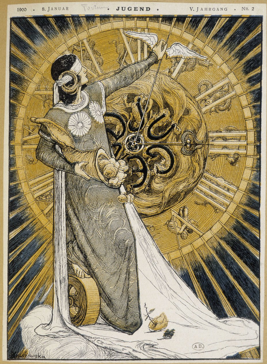 Kvinne med øyestrimler som holder et horn av overflod og fremfører viserne til en klokke (Allegory of Fortune) - i "" Jugend"" av 08.01.1900 av German School