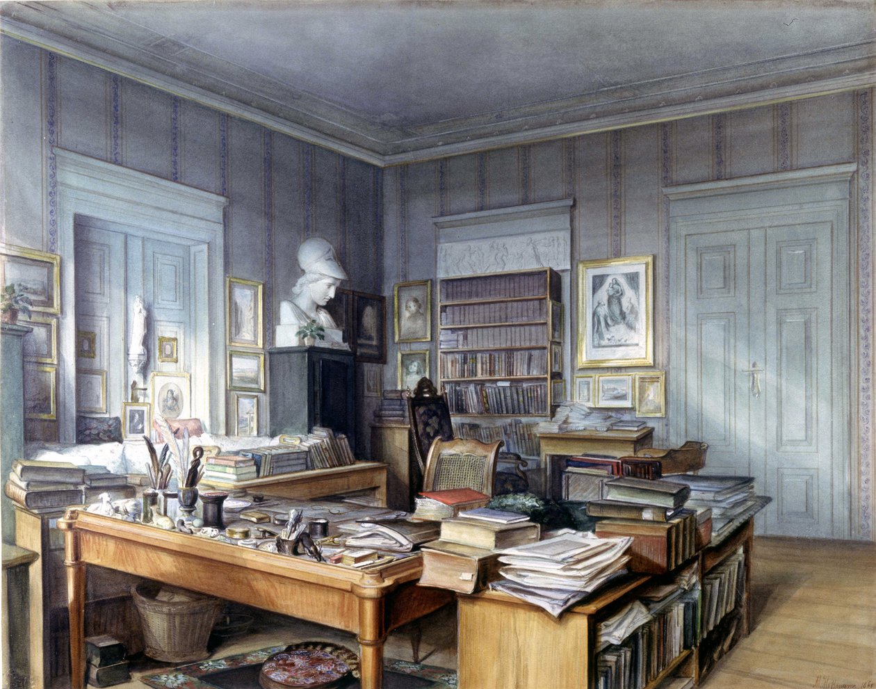 Arbeidsrom til Wilhelm Grimm (1786 -1859) i Berlin, Linkstrasse 7. Gravering av hr. Hoffmann. Nasjonalmuseet, Nürnberg. 1860. av German School