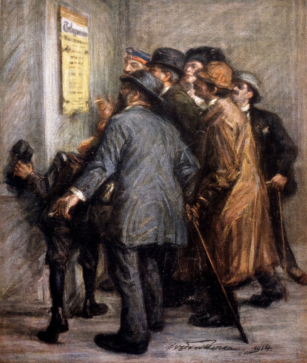 Første verdenskrig (1914 - 1918): Østerrikere leser erklæringen om krigsoperasjoner, -i "" Jugend"" av German School