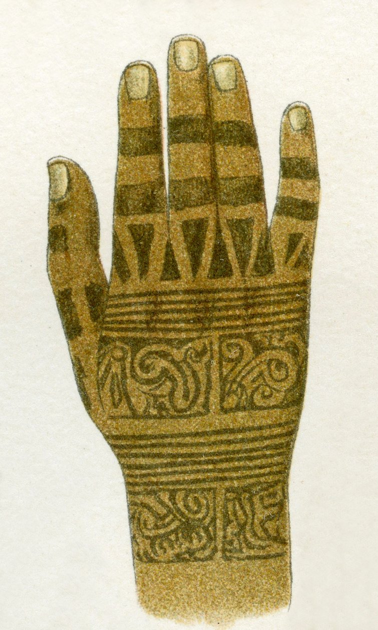 eksempel på Dayak håndtatoveringsdesign, Borneo, 1894 av German School