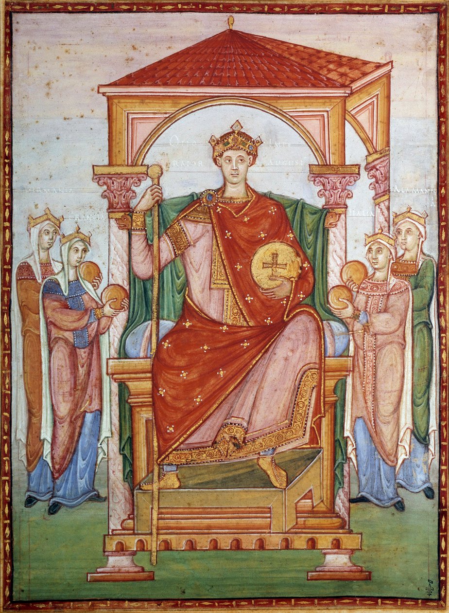 Otton III (980-1002) Germansk keiser som mottar hyllest av nasjonene Miniatyr fra manuskriptet "Evangelical of Otton III", sent på 1000-tallet. Chantilly, Conde-museet av German School