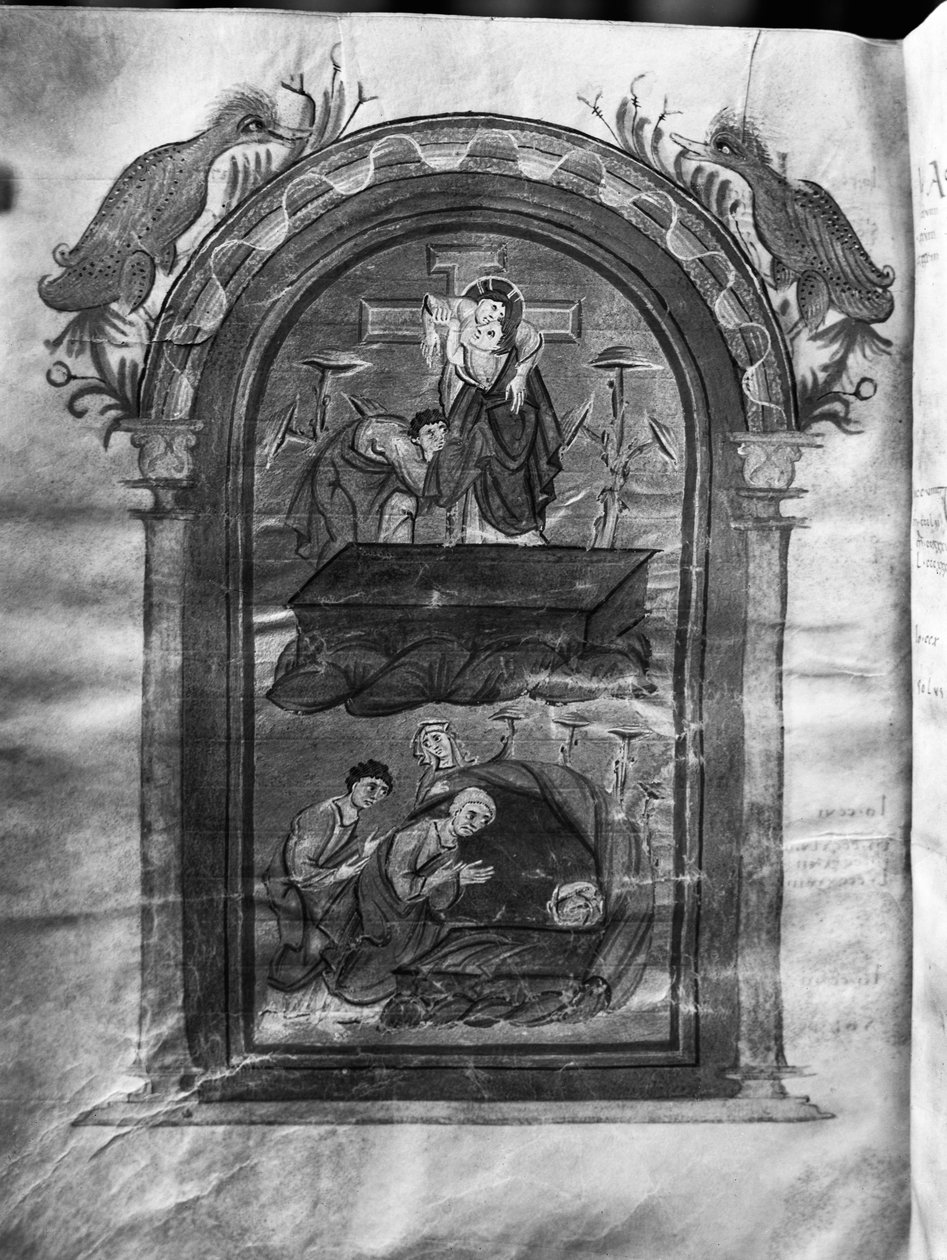 f.234v, Nedstigning fra korset og besøk av disiplene ved graven, Liuthar-Evangeliar / Otto-Evangeliar, c.990 (tempera på vellum) av German School