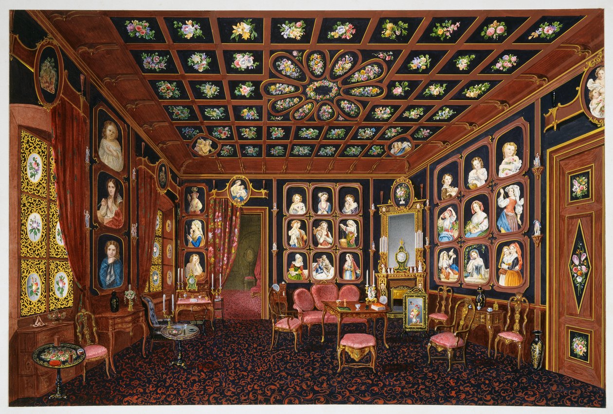 Samtalesalong i Villa Lazarovich, Trieste-residensen til Maximilian av Habsburg (1832-1867), tempera av Germano Prosdocimi av Germano Prosdocimi