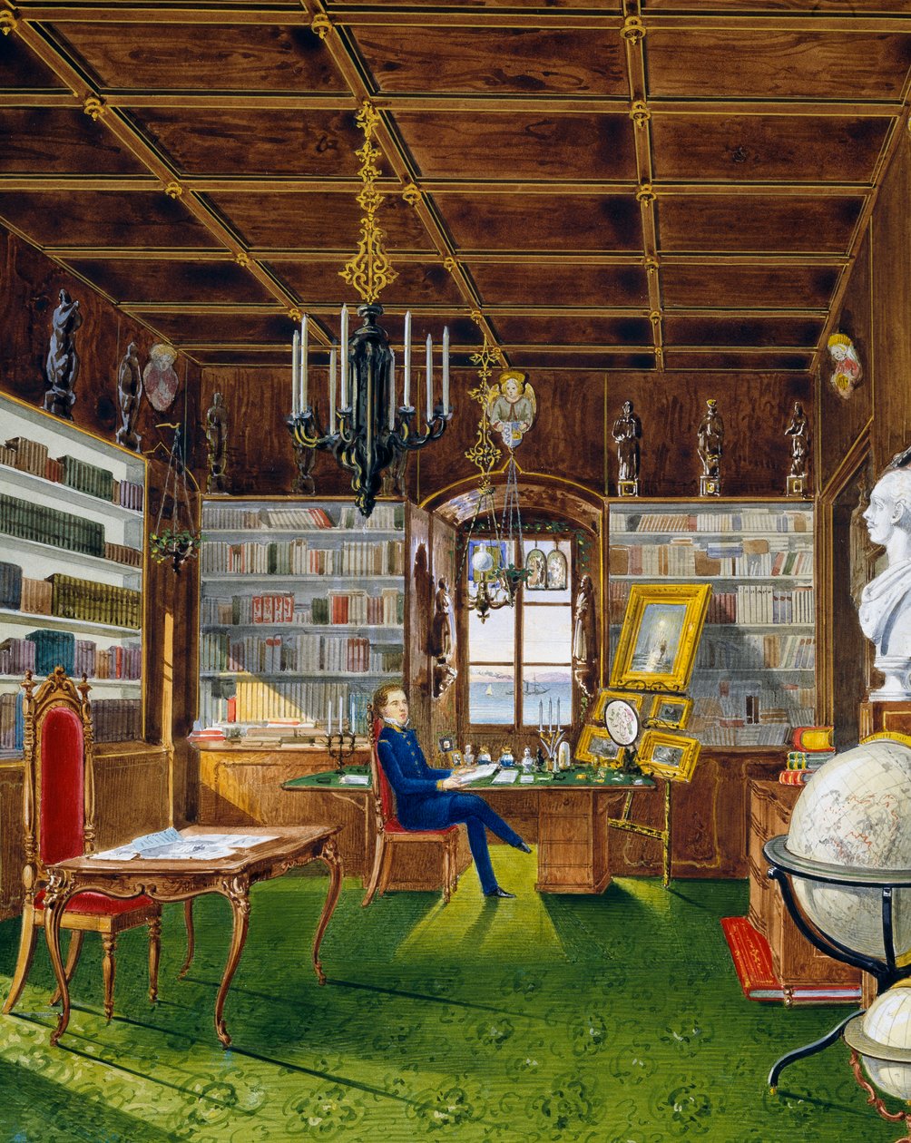 Biblioteket i Villa Lazarovich, Trieste-residensen til Maximilian av Habsburg (1832-1867), tempera av Germano Prosdocimi av Germano Prosdocimi