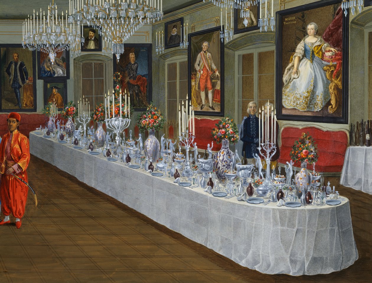 Spisestuen med serie portretter av Habsburgske keisere, maleri av Josef Kiss, Villa Lazarovich, Trieste-residensen til Maximilian av Habsburg (1832-1867), tempera av Germano Prosdocimi av Germano Prosdocimi