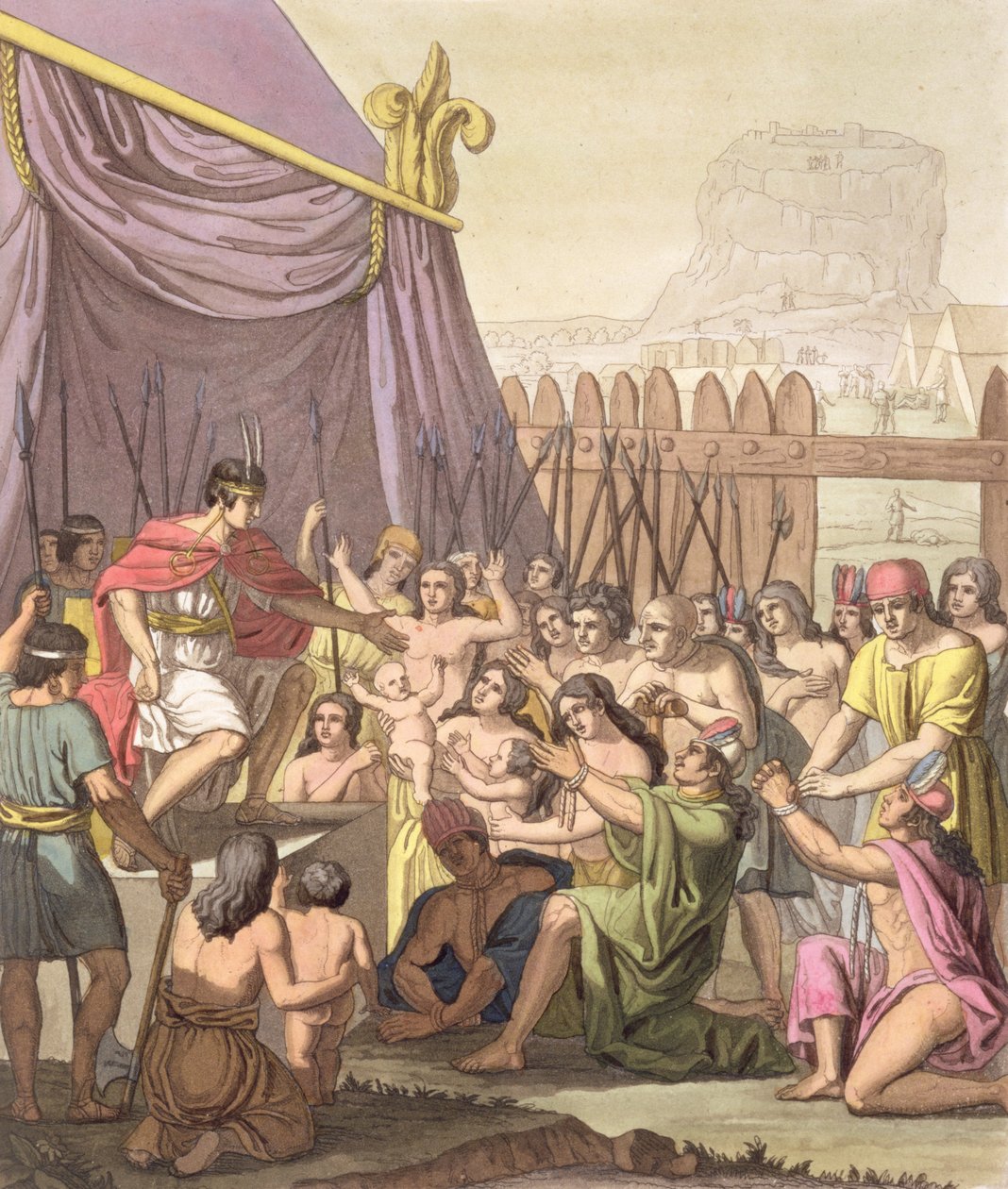 Clemency of Mayta-Capac: tilbyr benådning til erobrede stammehøvdinger i Caeyaviri, Peru, fra 'Le Costume Ancien et Moderne', bind I, plate 18, av Jules Ferrario, utgitt ca. 1820-30-tallet av Gerolamo Fumagalli
