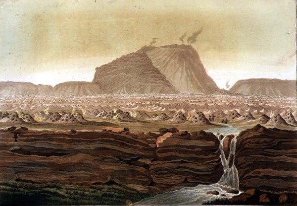 Jorullo Volcano, Mexico (farge litho) av Gerolamo Fumagalli