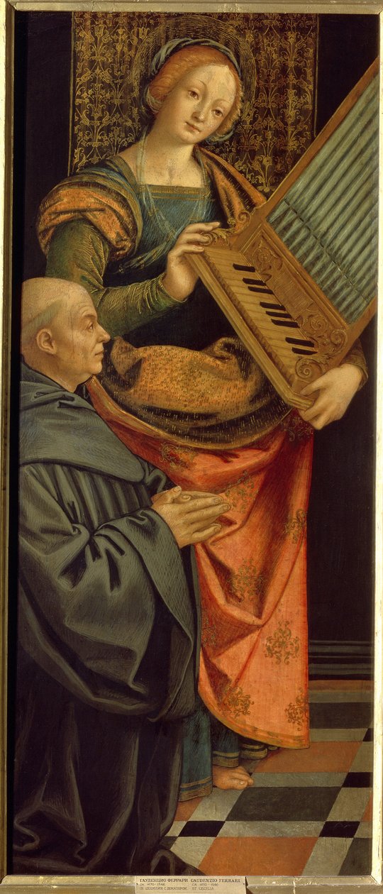 Den hellige Cecilia av Roma (3. århundre) (Saint Cecilia). Bærer et orgel, med en munk som kneler i bønn ved føttene hans. Maleri av Gerolamo Giovenone (1490-1555), tempera på tre, etter 1530. Italiensk kunst (Milano) av Gerolamo Giovenone