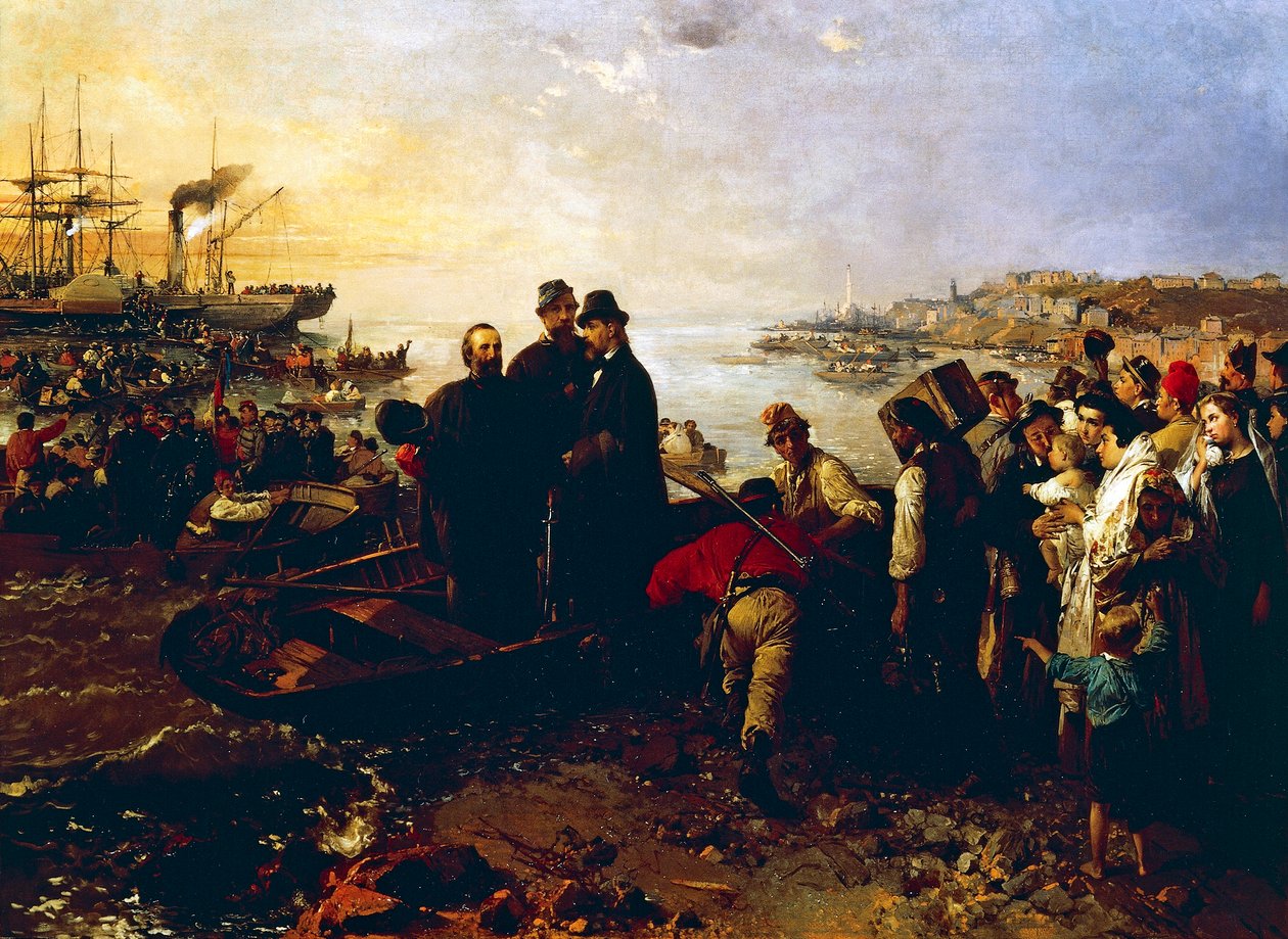Boarding of the Thousand at Quarto, rundt 1860, av Gerolamo Induno (1825-1890), olje på lerret av Gerolamo Induno