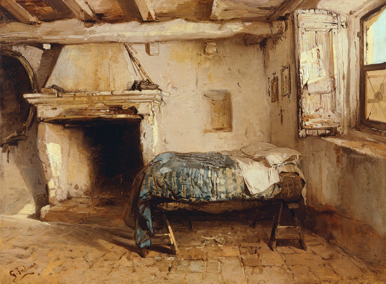 Rustikk interiør, av Gerolamo Induno (1825-1890), olje på tre, 27,5 x 37,7 cm. av Gerolamo Induno