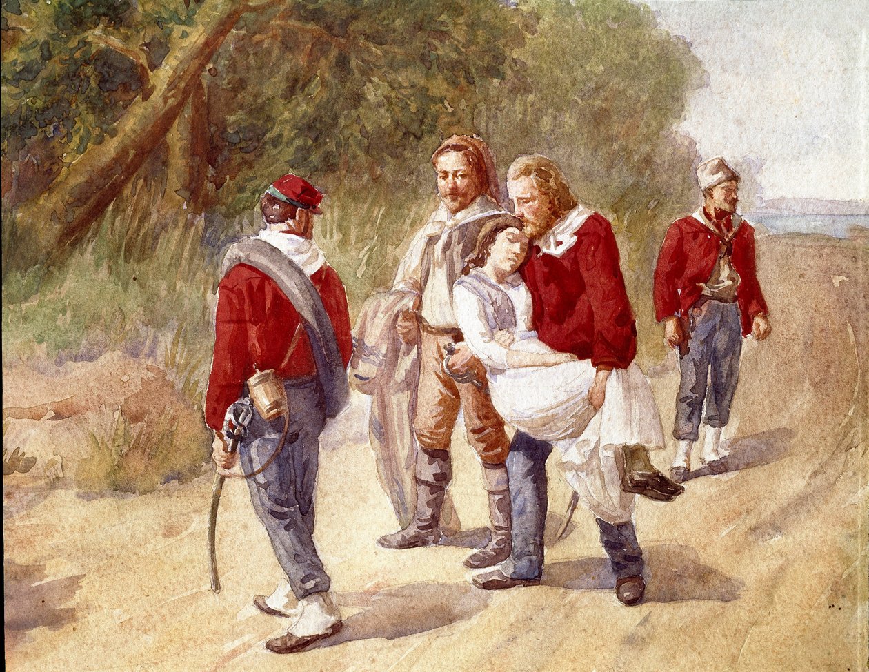Den italienske patrioten Giuseppe Garibaldi frakter sin kone Anita lider av tiphoid til Ravenna i 1849 (Akvarell) av Gerolamo Induno