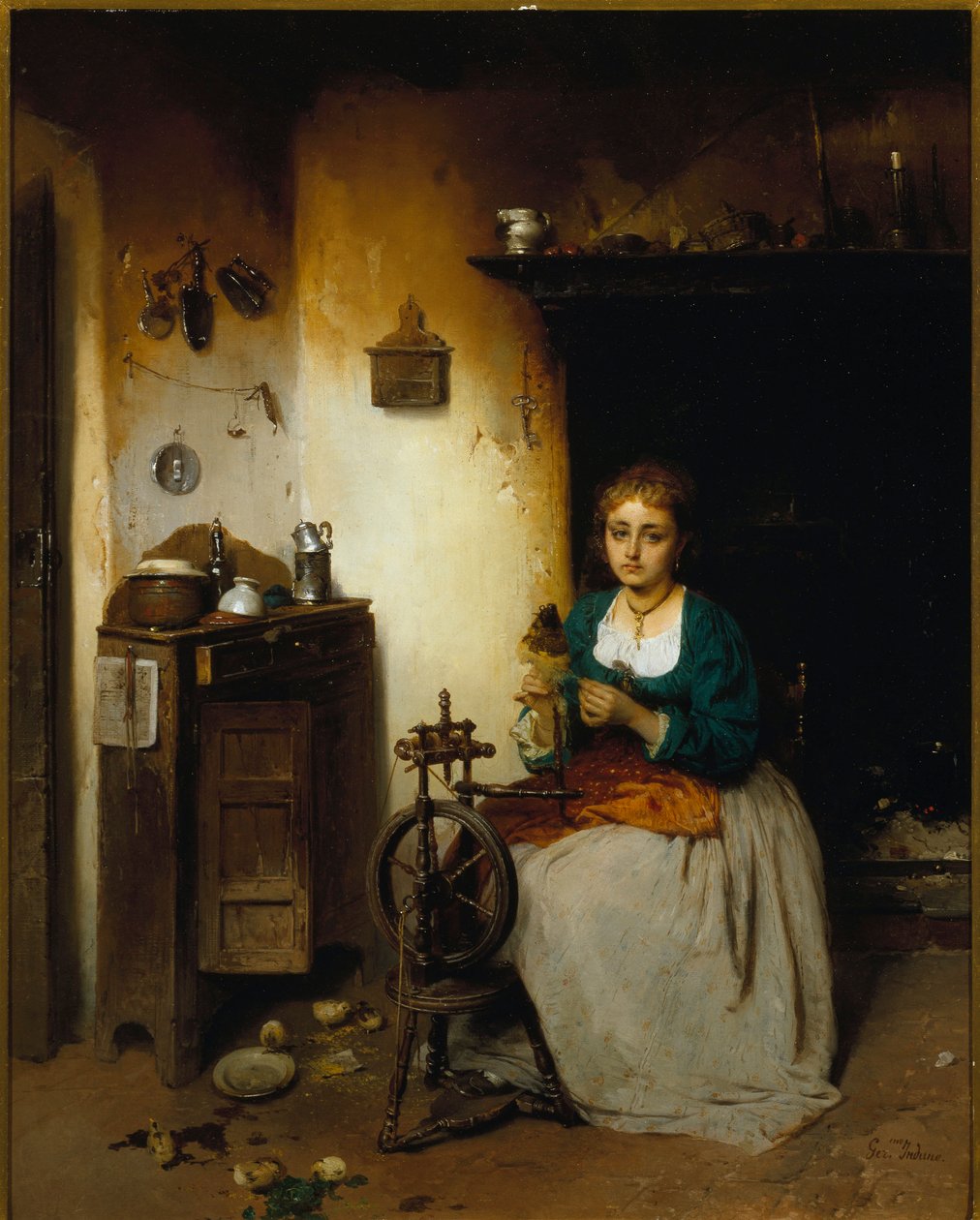 Ung kvinne som spinner ull, uttrykket er trist og interiøret elendig. Maleri av Gerolamo (Girolamo) Induno (1825-1890) Dim. 65x52 cm Genes Nervi, Galleria d