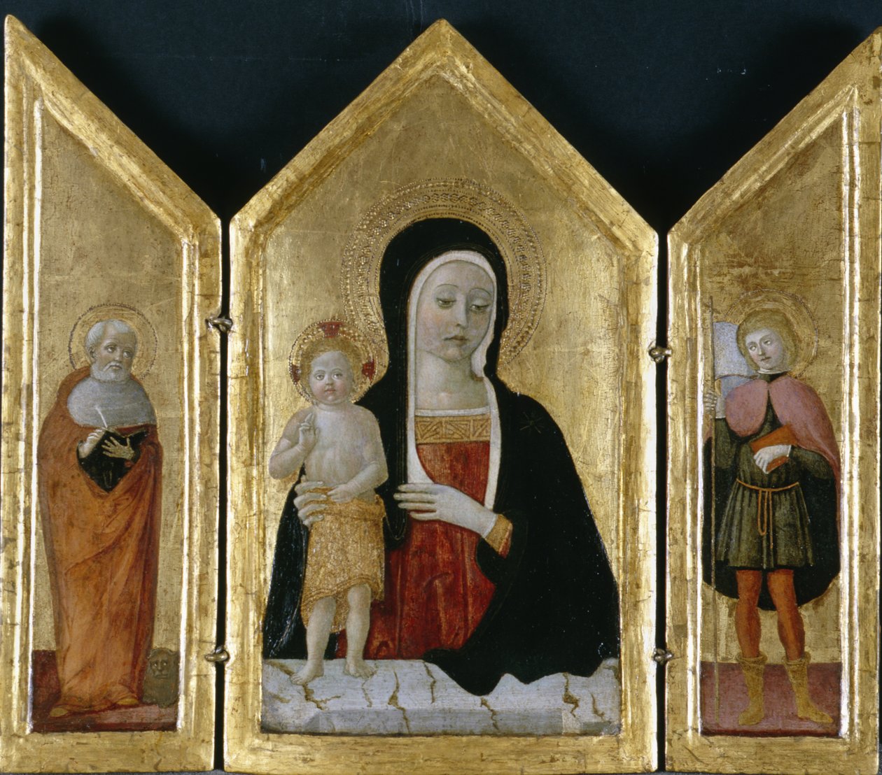 Madonna og barn med to hellige, ca. 1500 (tempera på tre) av Gerolamo di Benvenuto