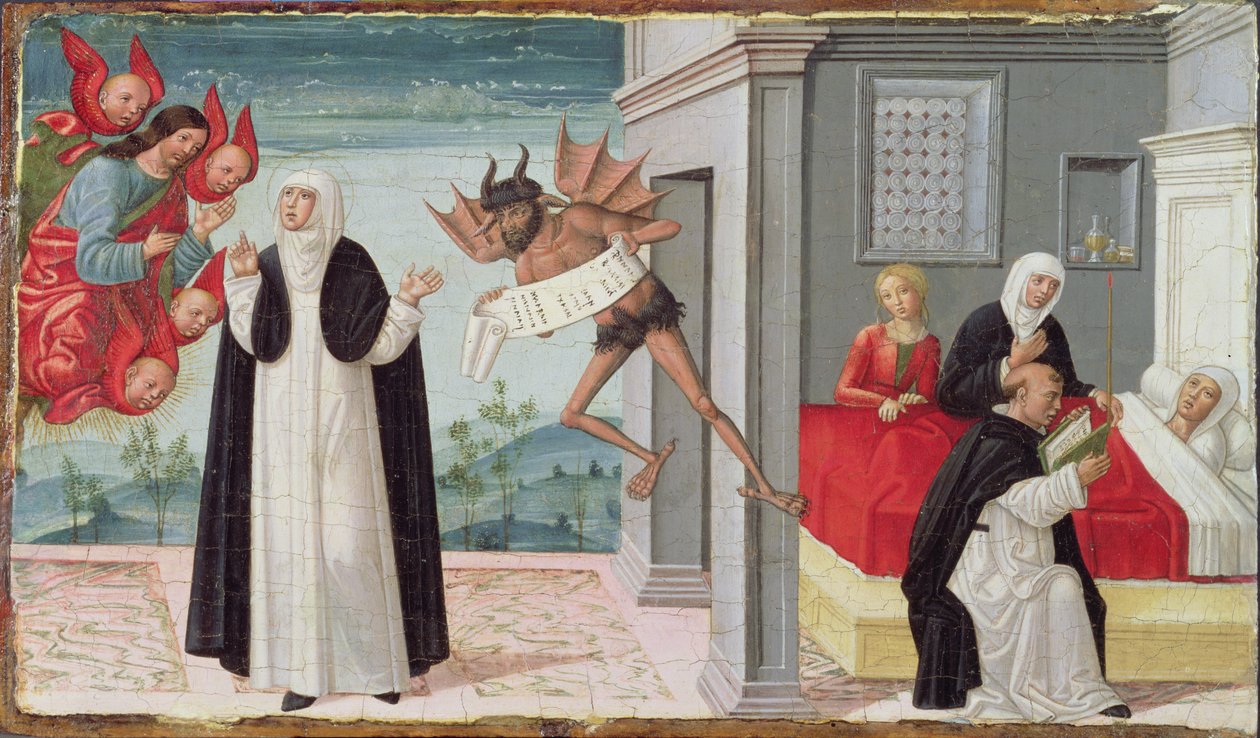 Den hellige Katarina av Siena går i forbønn hos Kristus for å løslate den døende søster Palmerina fra hennes pakt med djevelen (tempera på panel) av Gerolamo di Benvenuto