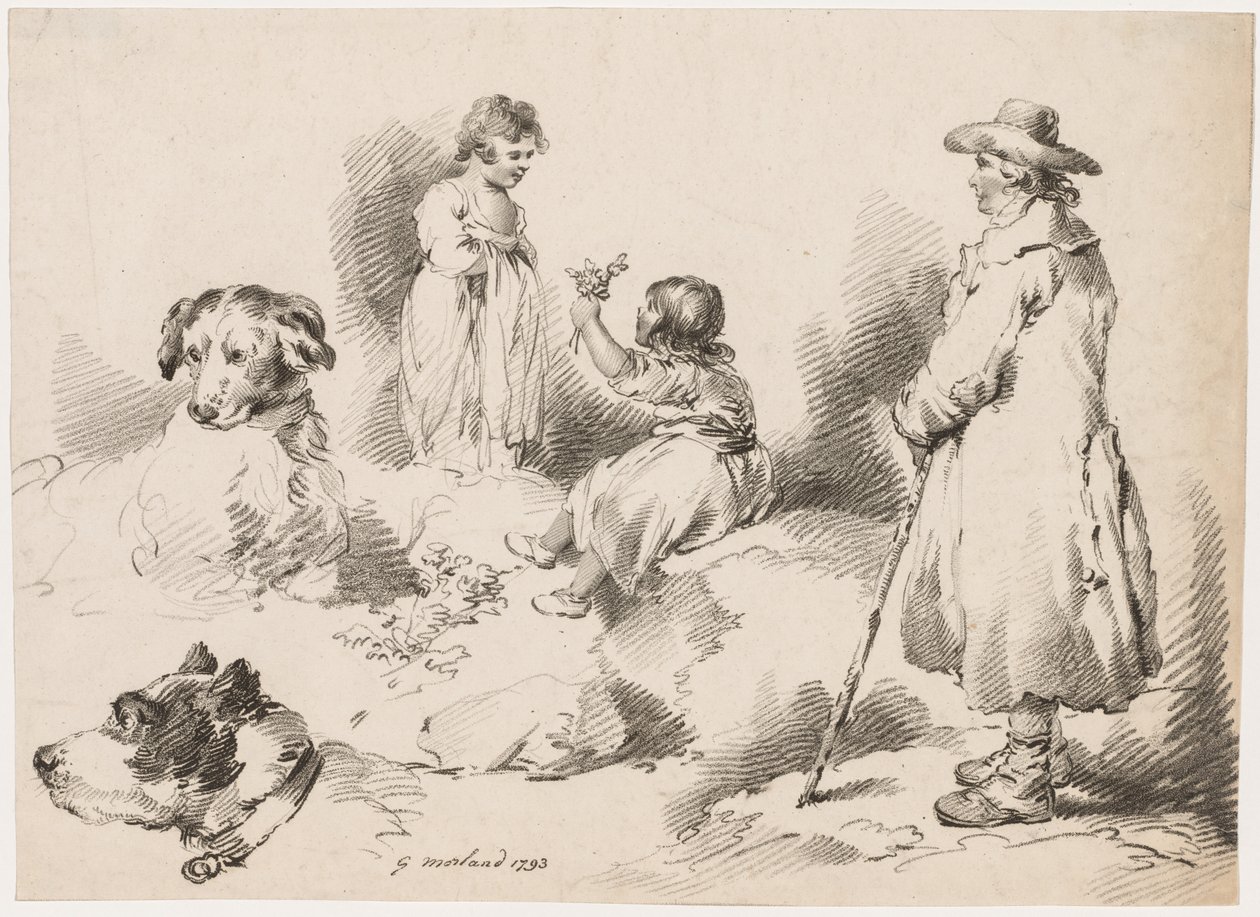 Studier av barn, to små jenter, to hunder, en mann, 1793. av Gerrard Street J. Harris Soho