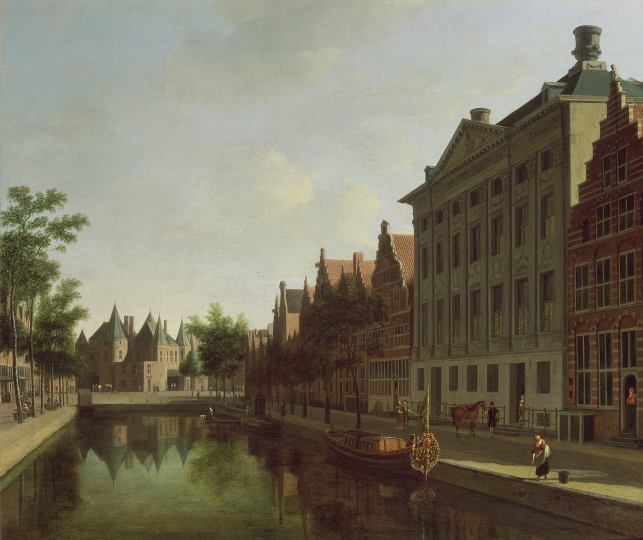 Utsikt over Kloveniersburgwal i Amsterdam, med Waag, og lekter fortøyd foran Trippenhuis til høyre, 1685 av Gerrit Adriaensz Berckheyde