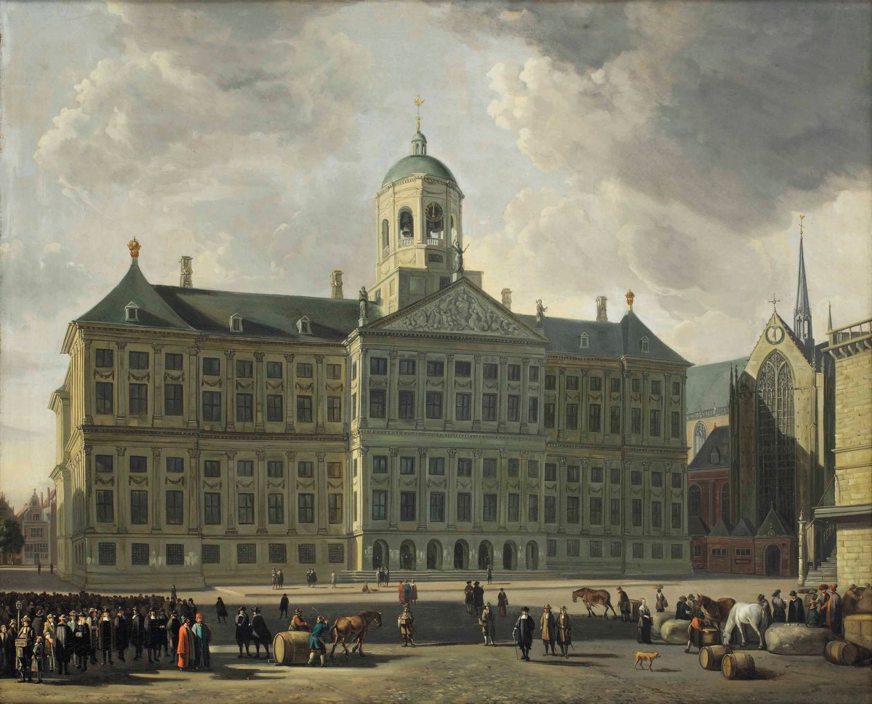 Utsikt over demningen med det nye rådhuset, Nieuwe Kerk og Waag, Amsterdam av Gerrit Adriaensz Berckheyde