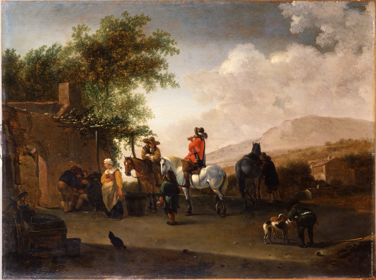 Reisende på hesteryggen tar en forfriskning på et fjellovergang, i et italiensk landskap av Gerrit Adriaensz Berckheyde