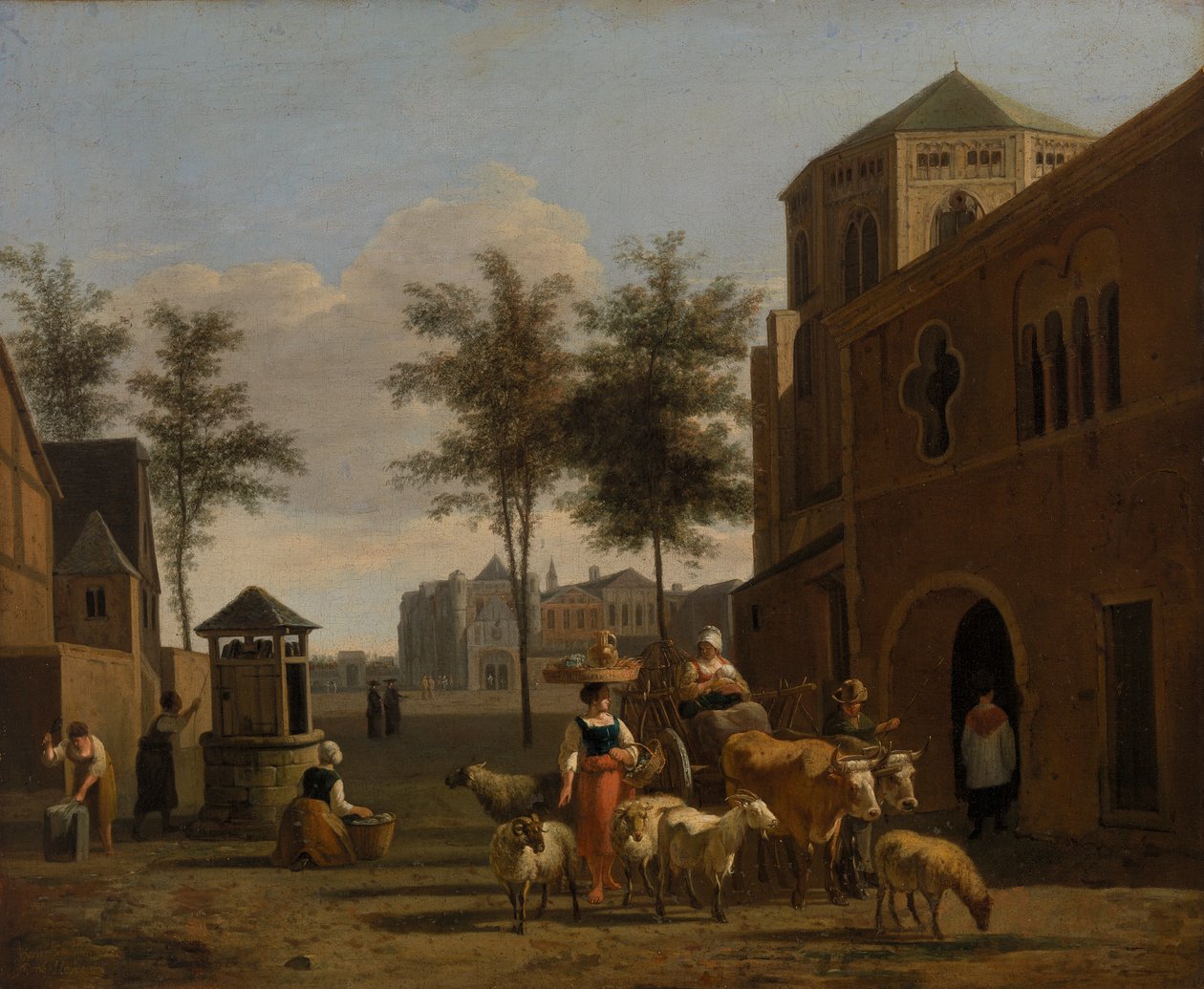 Utsikt over en by med figurer, geiter og vogn foran en kirke av Gerrit Adriaensz. Berckheyde