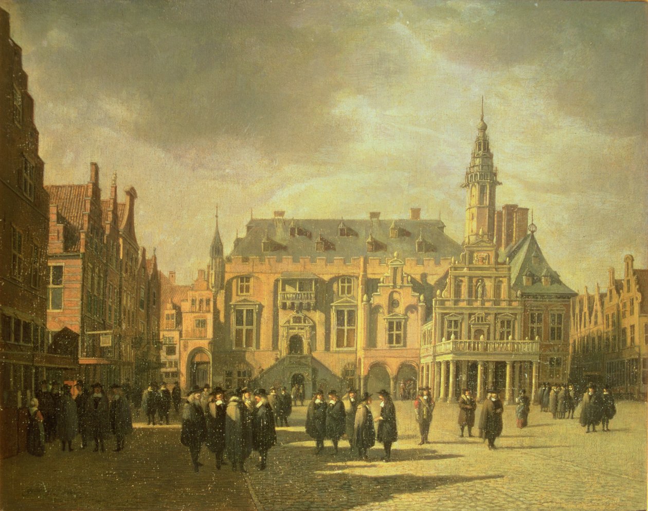 Utsikt over rådhuset på markedsplassen i Haarlem av Gerrit Adriaensz Berckheyde