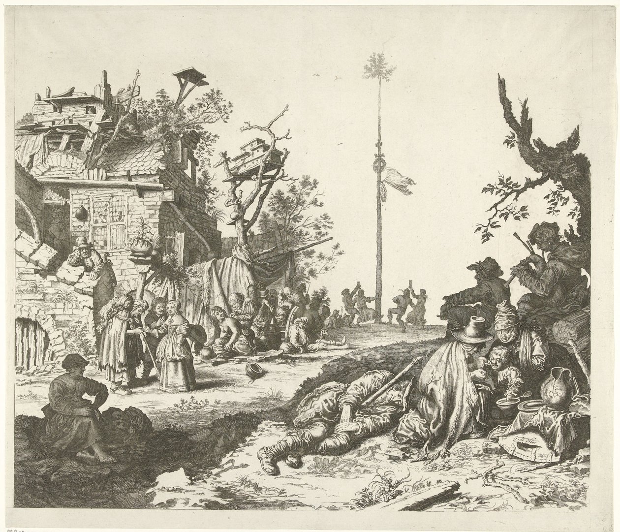 Hvilende Roma-familie foran et nedslitt vertshus av Gerrit Adriaensz. de Heer