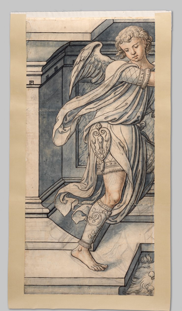 Engel. Fragmenter av papp til glassmaleriet i vestfasaden av Joris van Egmond (biskop av Utrecht 1535-1559) for Sint Bavo-kirken i Haarlem av Gerrit Boels (workshop of)
