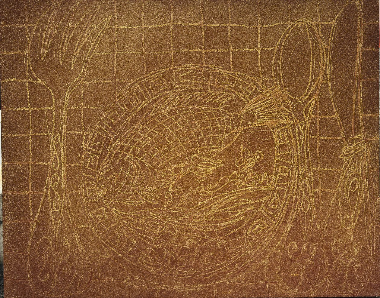 Visdiner (Stilleben med fisketallerken). 2010 (sand og akryl på lerret) av Gerrit Greve
