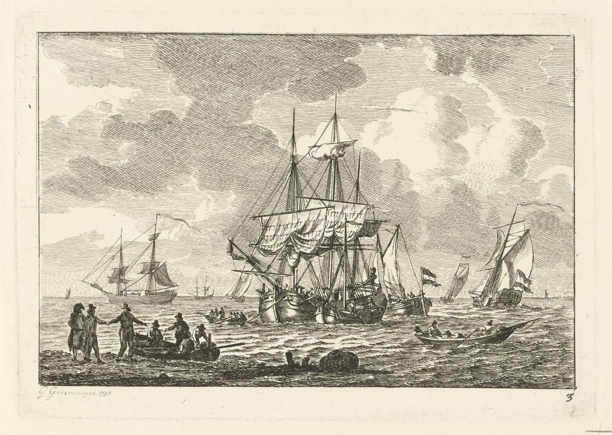 Seascape med tre-master Ulike skip på vannet (serietittel) av Gerrit Groenewegen
