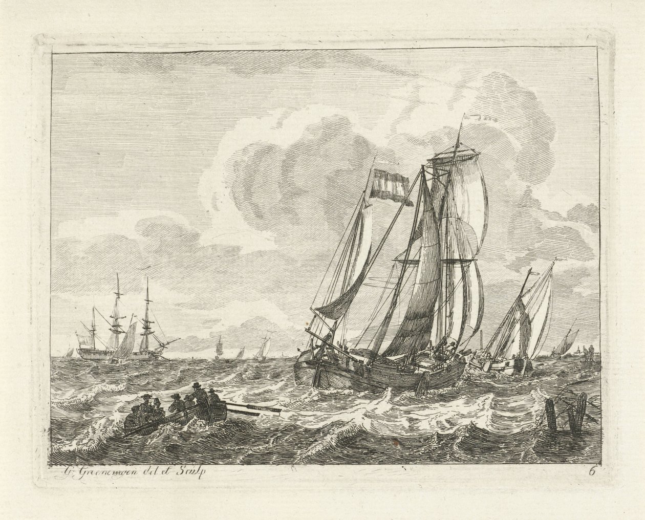 Seilskuter og en robåt på åpent vann Havlandskap med skip (serietittel) av Gerrit Groenewegen