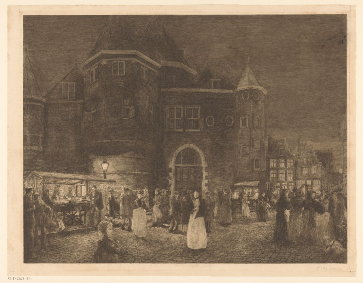 Marked på Waag på Nieuwmarkt i Amsterdam om natten av Gerrit Haverkamp (signed by artist)