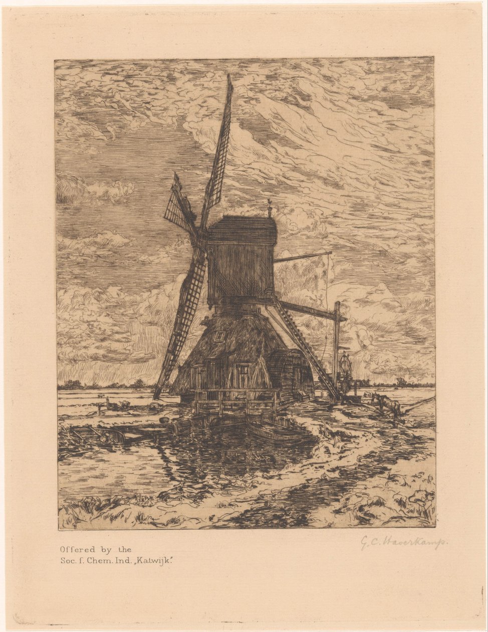 Mølle i flatt landskap av Gerrit Haverkamp (signed by artist)