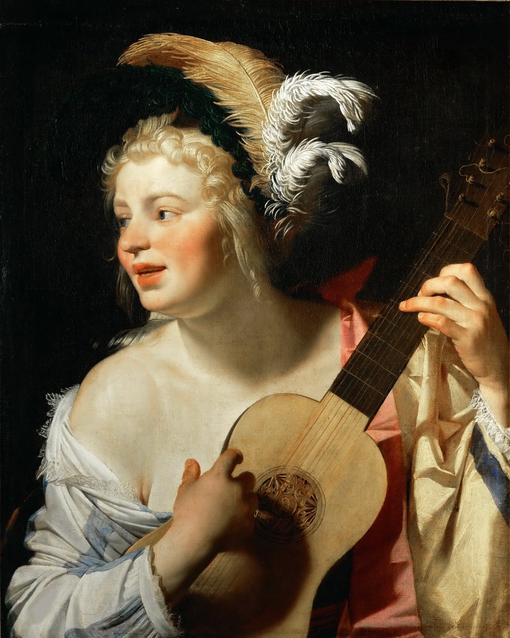 Kvinne som spiller gitar, 1624. av Gerrit van Honthorst