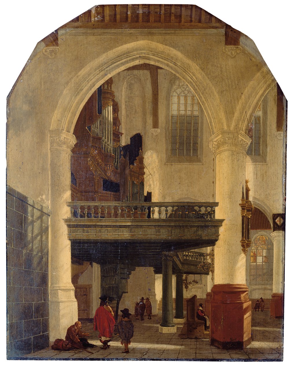 Den vestlige enden av Oude Kerk, Delft, fra den sørlige midtgangen mot nord med orgelloftet av Gerrit Houckgeest