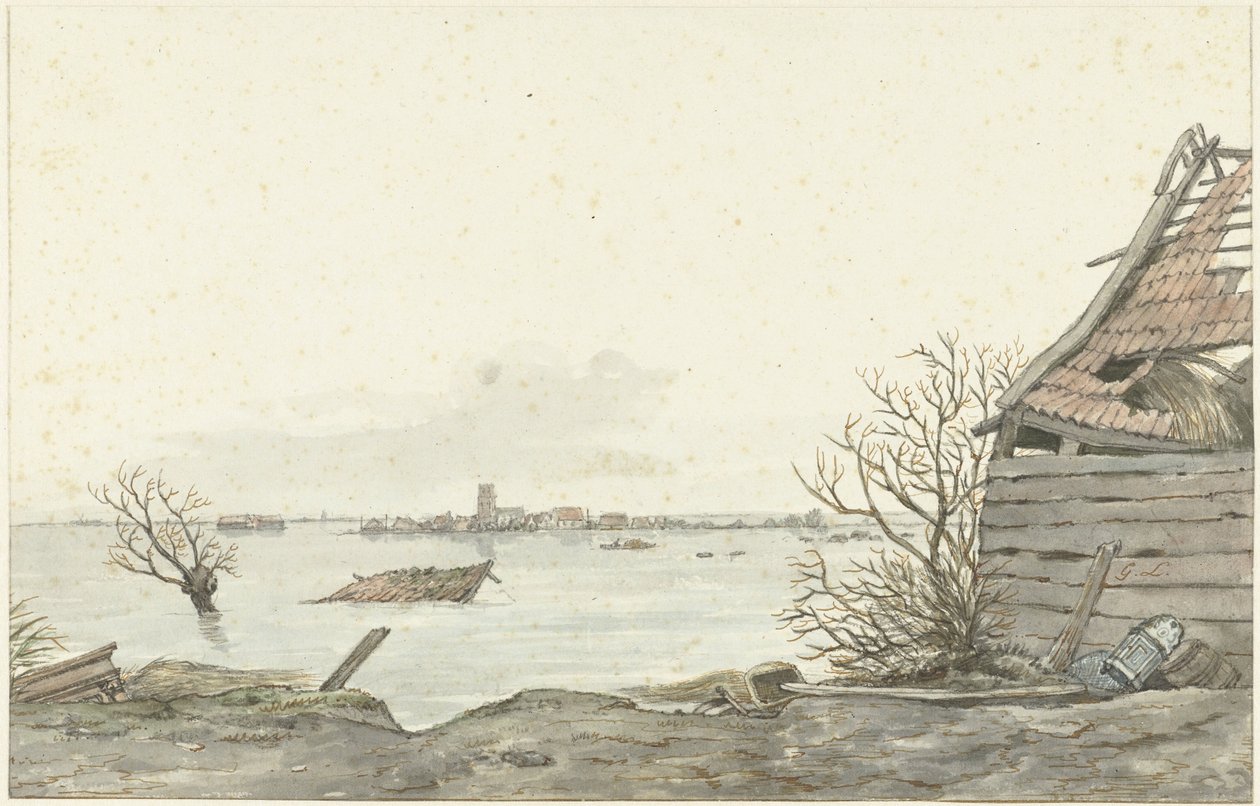 Utsikt over det oversvømmede Ransdorp, februar 1825 av Gerrit Lamberts